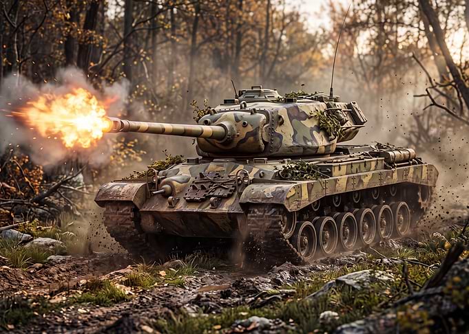 Camouflaged Tank Firing in Forest