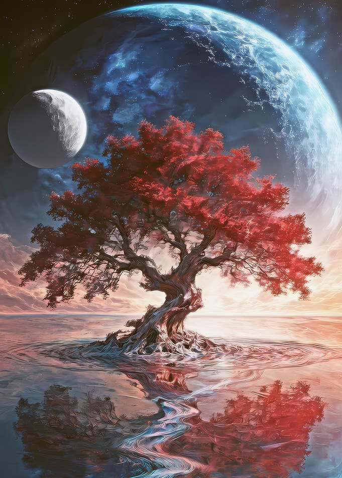 Red Tree Under Cosmic Skies