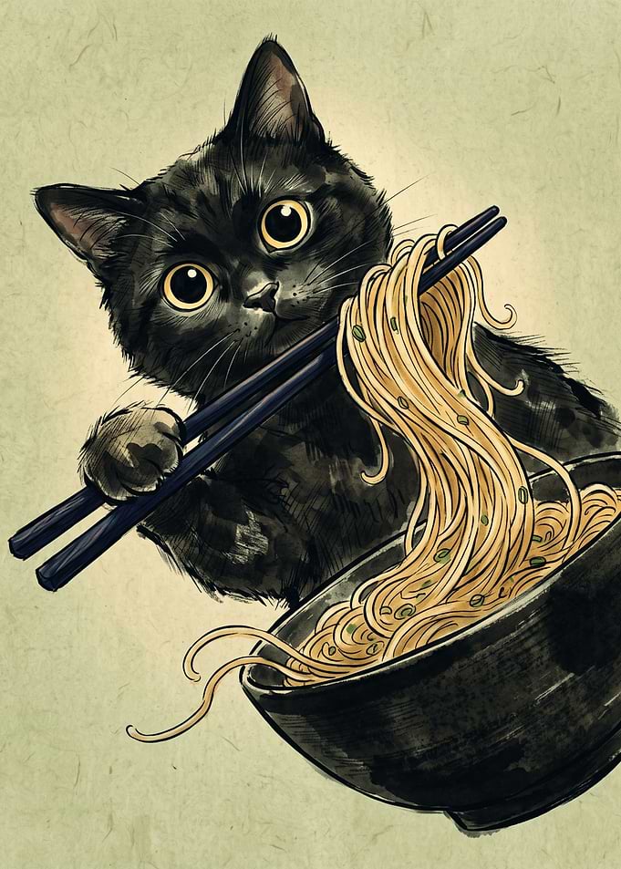 Black Cat Eating Noodles Foodie Cats Japanese Ukiyo-e Art Style