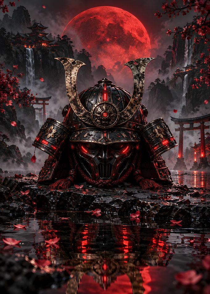 Red Moon Samurai Helmet Reflection