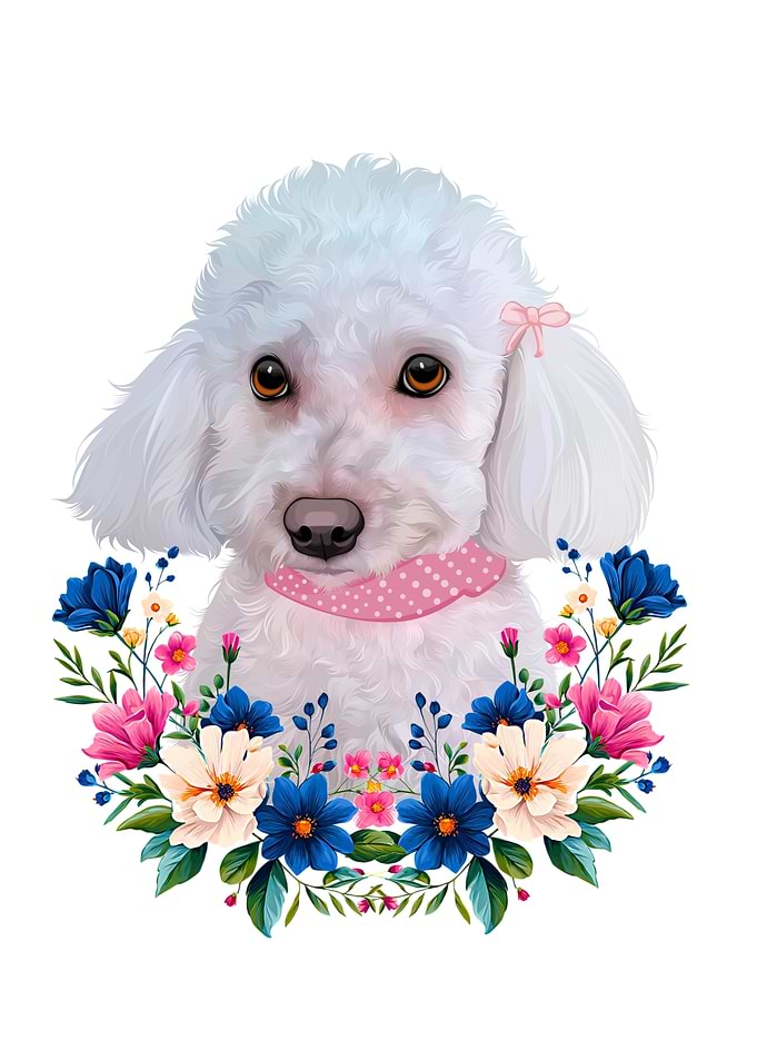 White Poodle Portrait with Floral Wreath