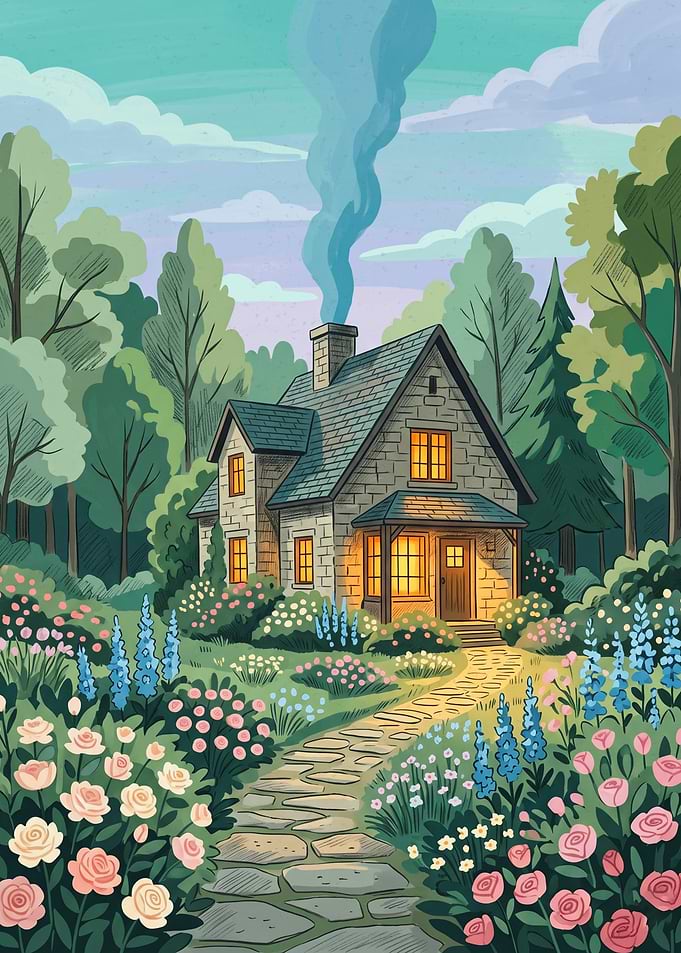Cozy Cottage In Forest Nature Landscape Gouache Illustration Print