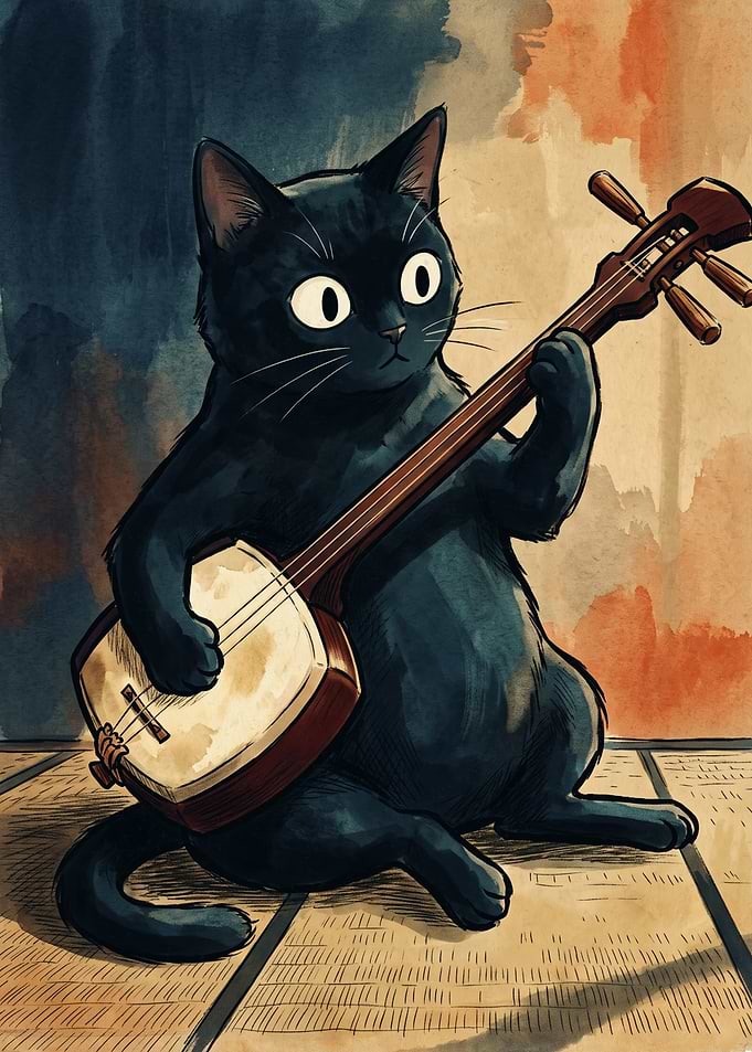 Black Cat Playing Shamisen Instrument Music Cat Watercolor Painting Art