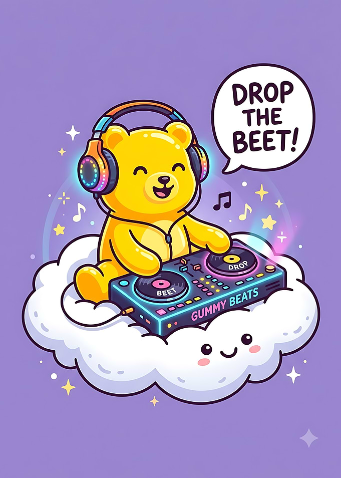 Cute Gummy Bear DJ on Cloud