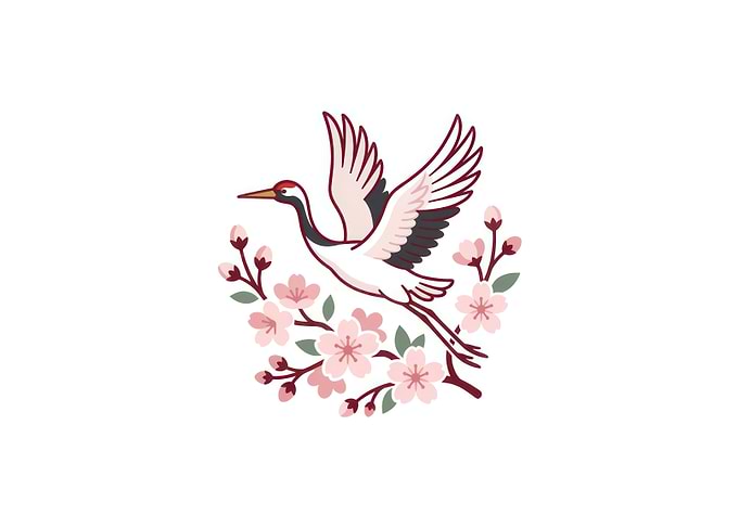 Japanese Crane and Cherry Blossoms Illustration