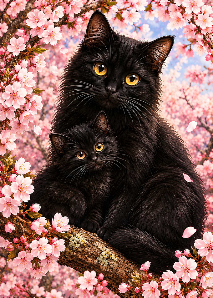 Black Cat Mother and Kitten Under Cherry Blossoms