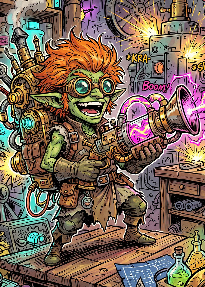 Mad Goblin Inventor with Energy Weapon