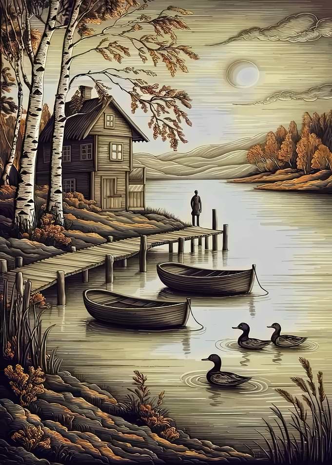 Serene Lakeside Cabin Landscape