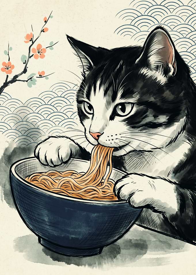 Cat Eating Ramen Noodles Japanese Ukiyo E Art