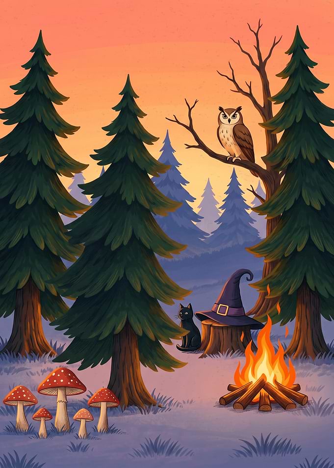 Mystical Forest Campfire Witch Hat Owl And Cat Fantasy Illustration Style Art