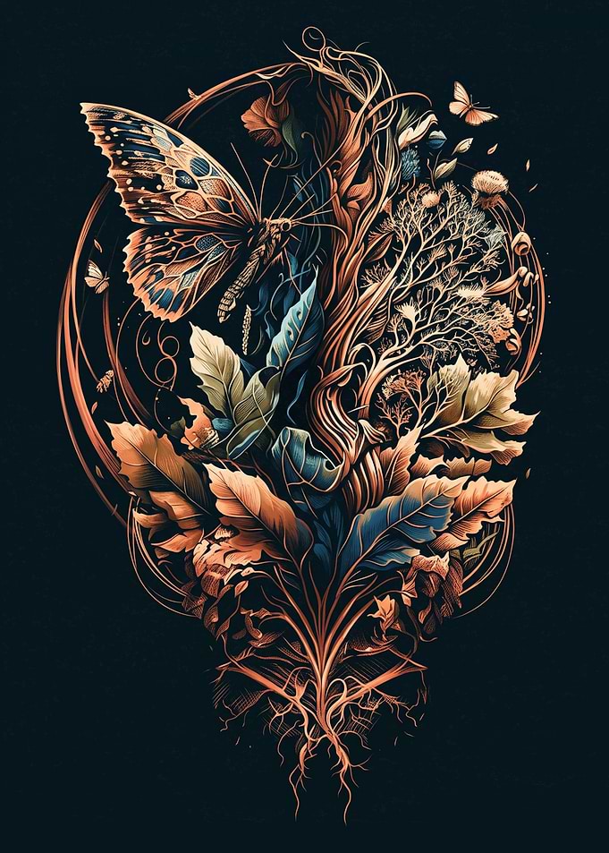 Butterfly And Floral Botanical Nature Design Pencil Sketch