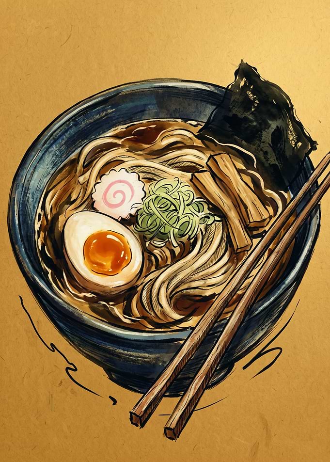 Japanese Ramen Bowl Food Asian Noodle Watercolor Sketch Illustration Art