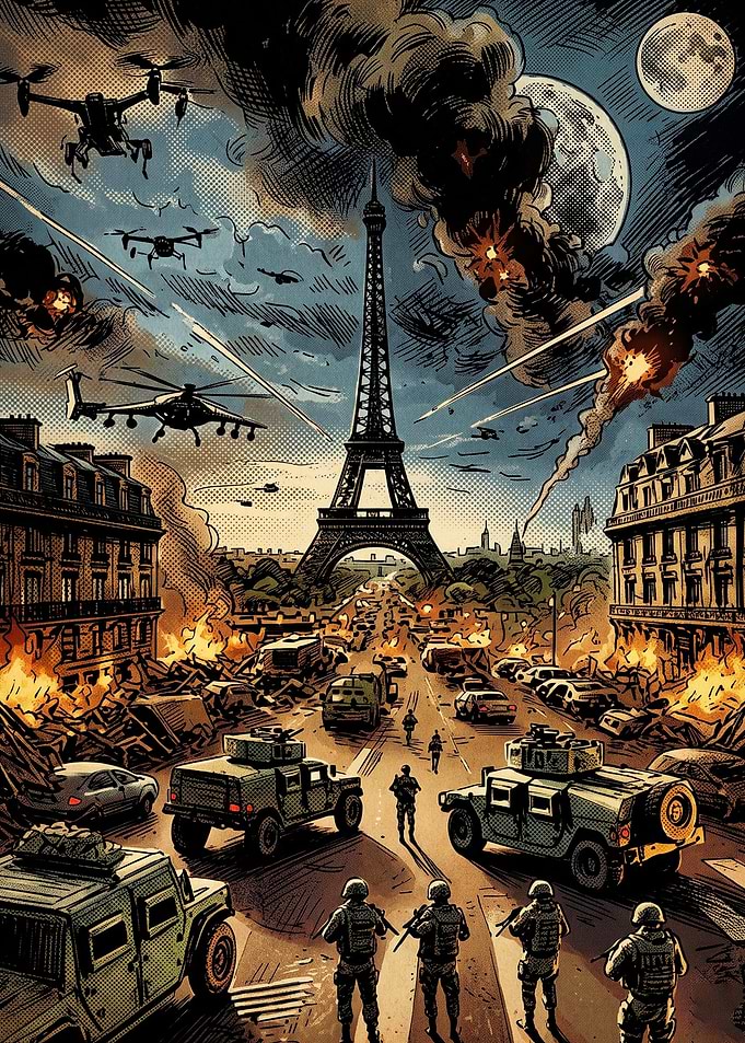 Paris War Combat Retro Comic Poster