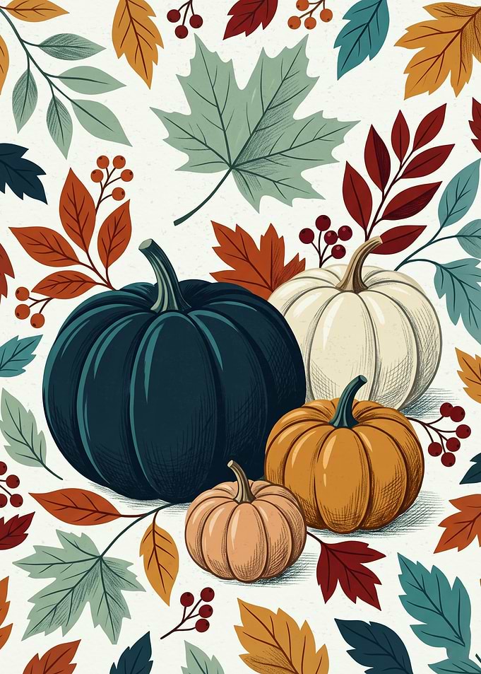 Fall Pumpkins And Autumn Leaves Harvest Season Pencil Sketch Art