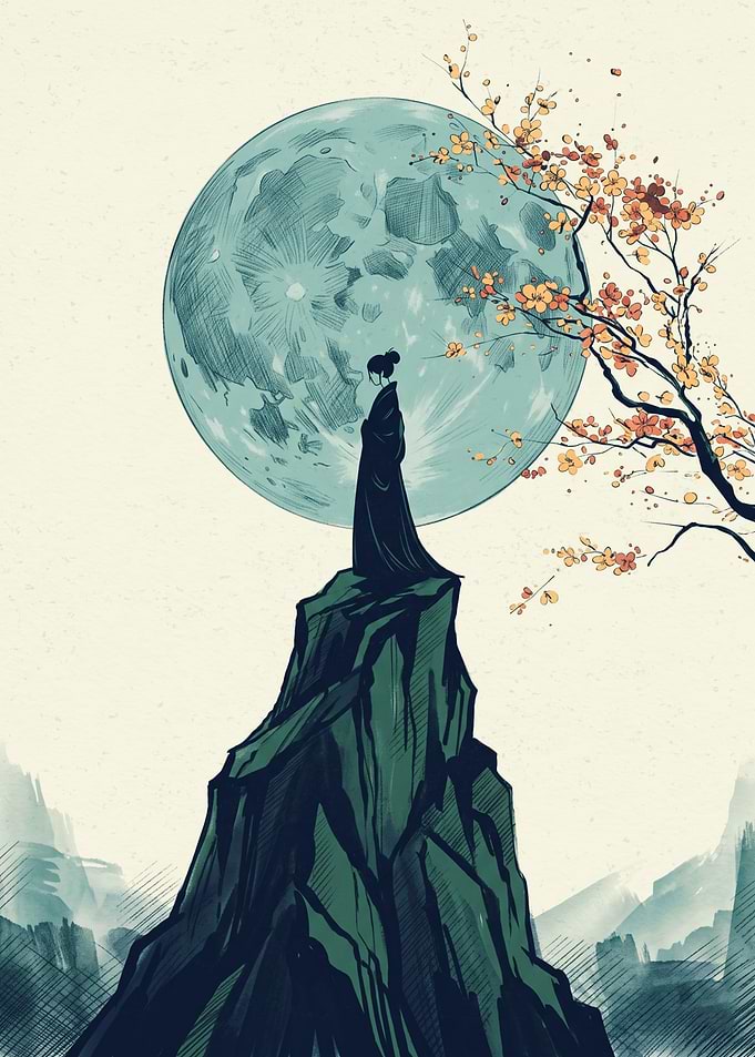 Asian Woman Mountain Moon Cherry Blossom Japan Ukiyo-e Woodblock Art Style