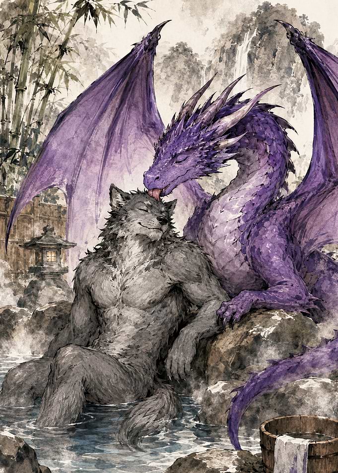 Dragon and Werewolf in Hot Spring