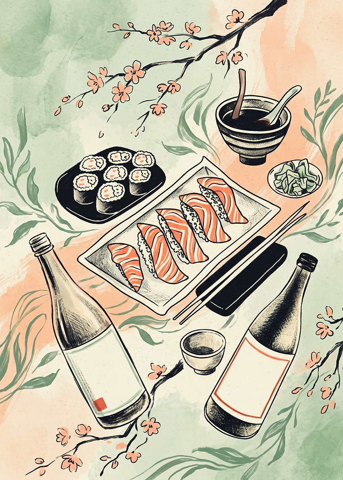 Japanese Sushi Feast Food Illustration Watercolor Art