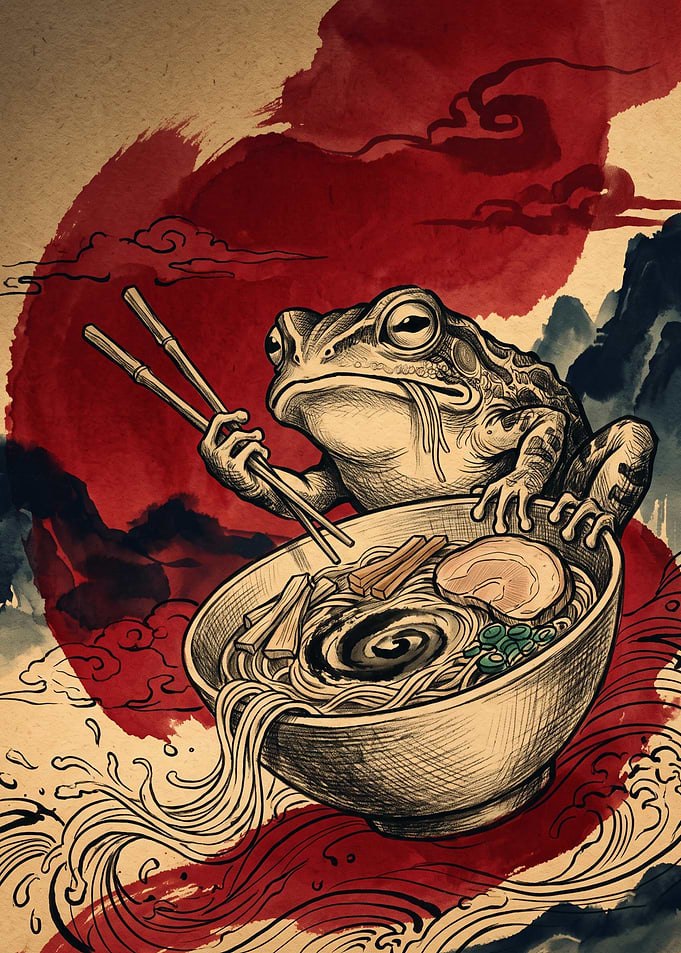 Frog Eating Ramen Japanese Art Ukiyo E Style
