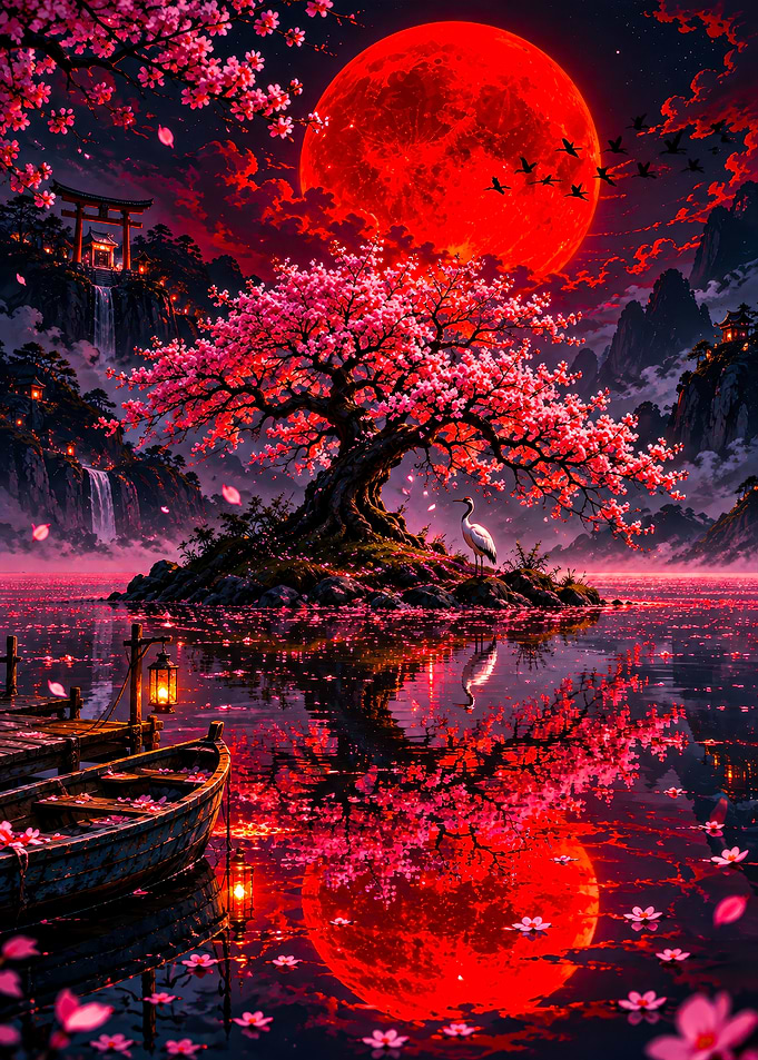 Red Moon Over Cherry Blossom Island