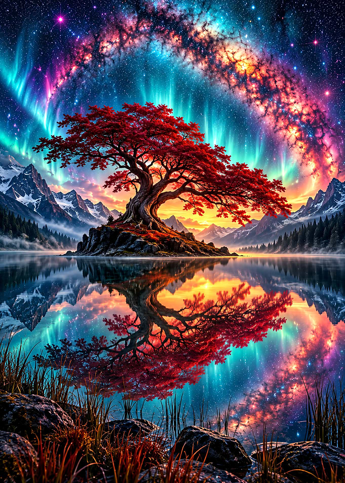 Red Tree Under Cosmic Aurora