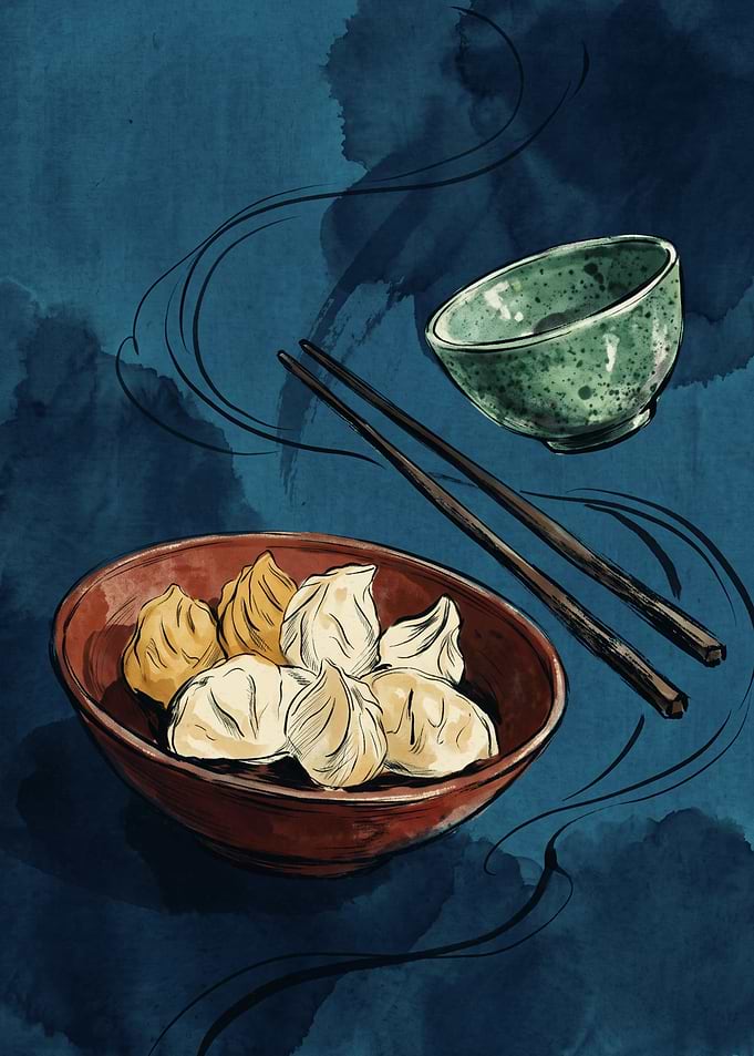 Asian Dumplings Bowl Food Japanese Watercolor Art Style