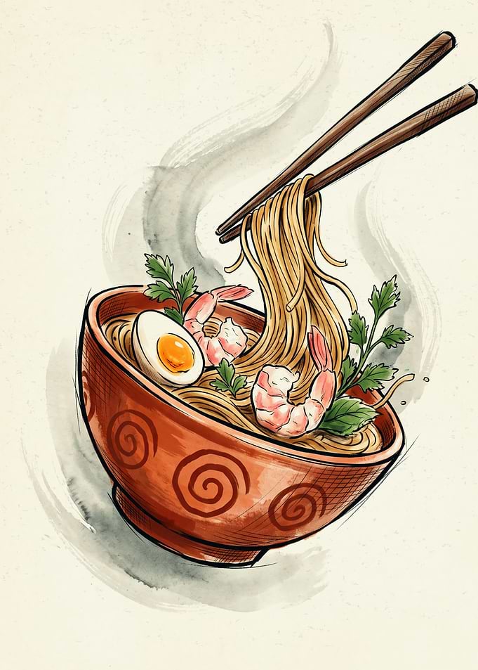 Shrimp Ramen Noodles Bowl Japanese Food Illustration Pencil Sketch Art Style