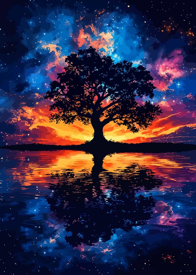 Silhouette Tree Under Cosmic Sunset
