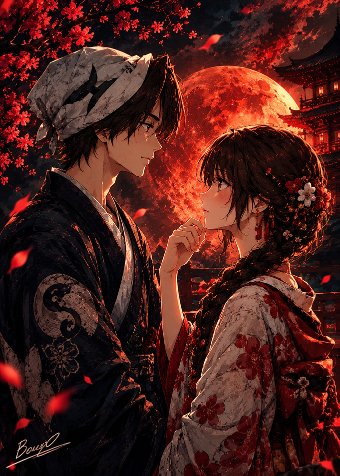 Romantic Anime Couple Under Red Moon