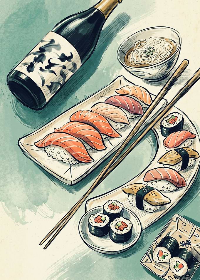 Delicious Sushi Roll Platter Japanese Food Watercolor Pencil Sketch Art
