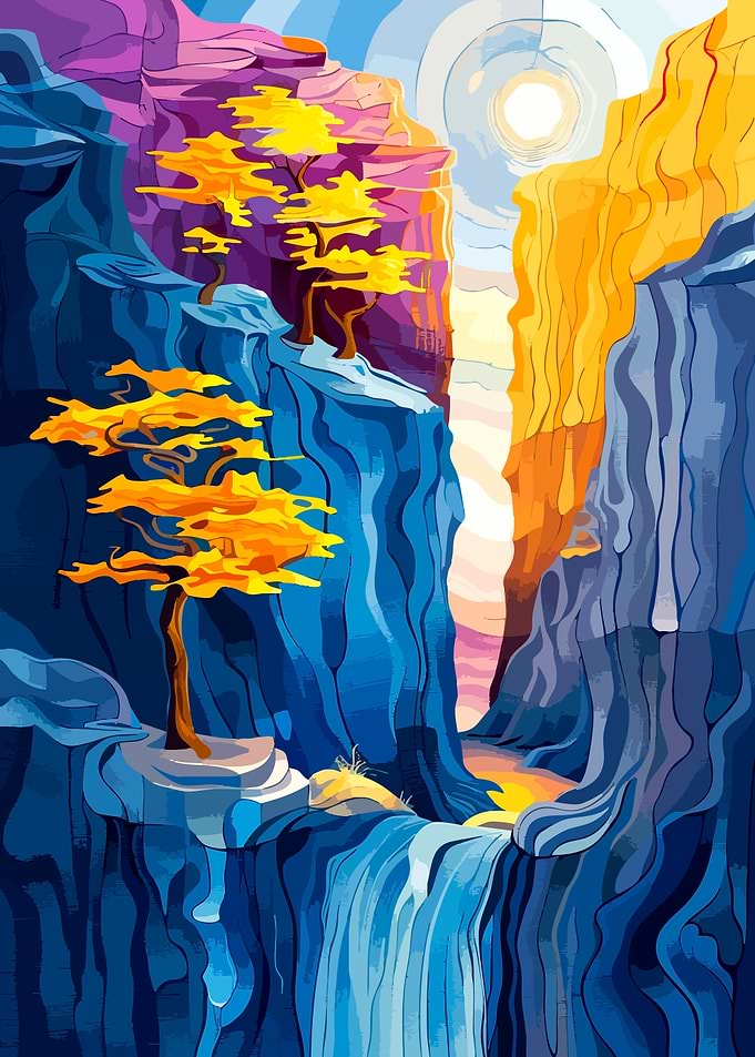 Vibrant Abstract Canyon Waterfall Landscape