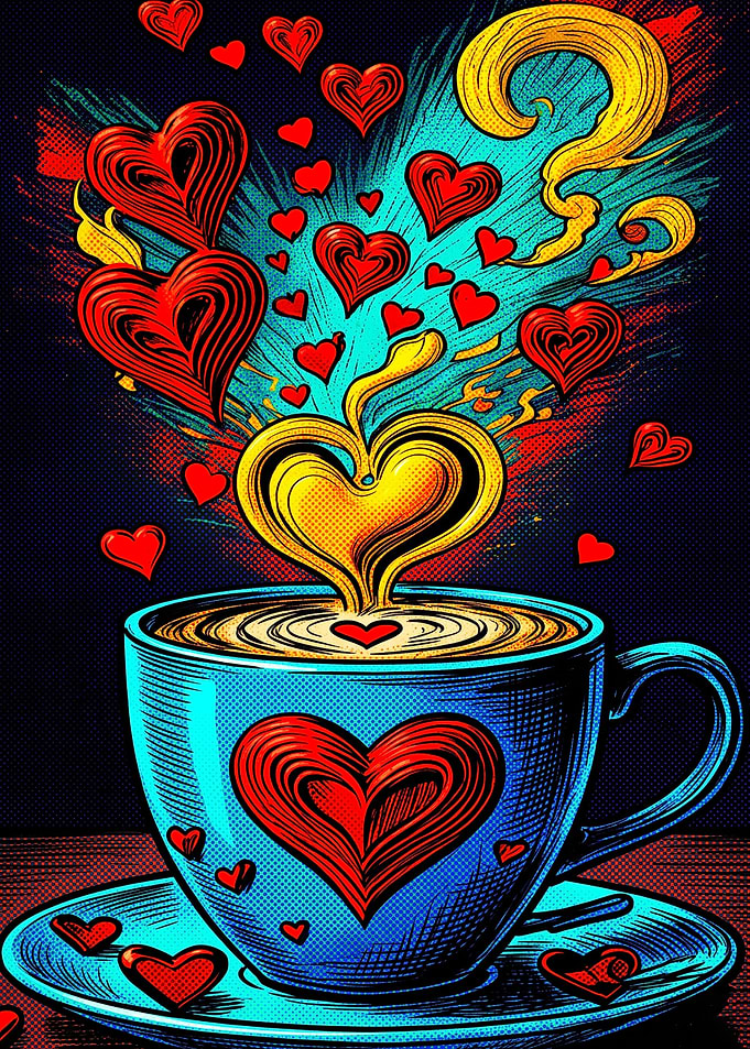 Coffee Cup Love Hearts Retro Art