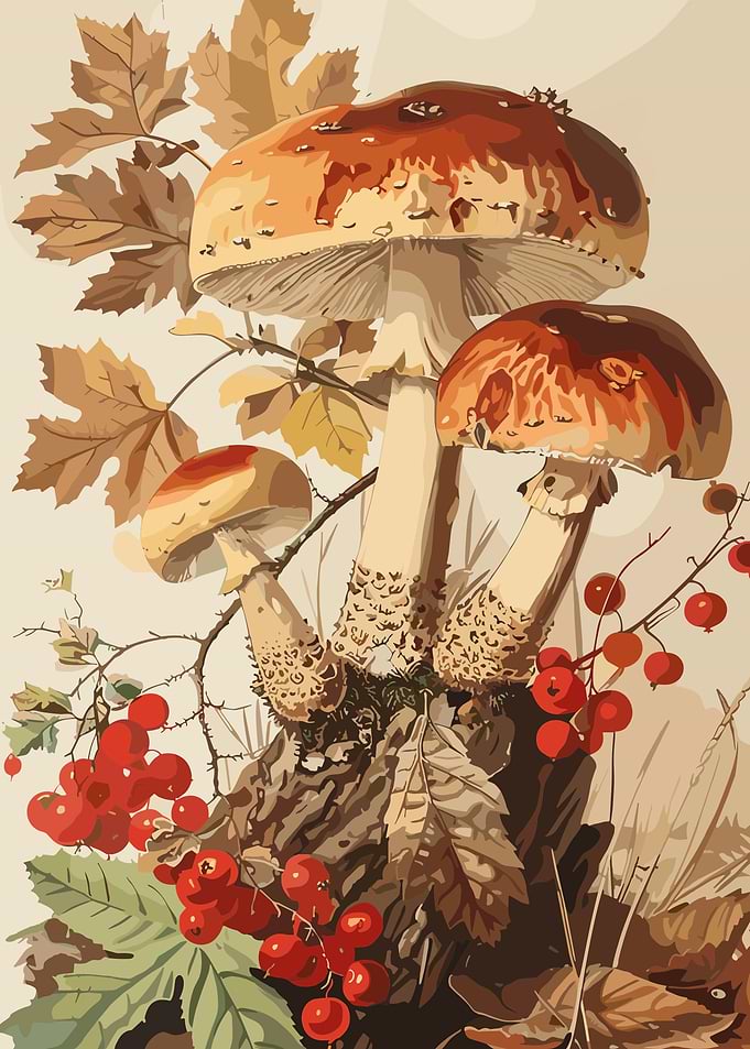 Autumn Forest Mushrooms and Berries Illustration