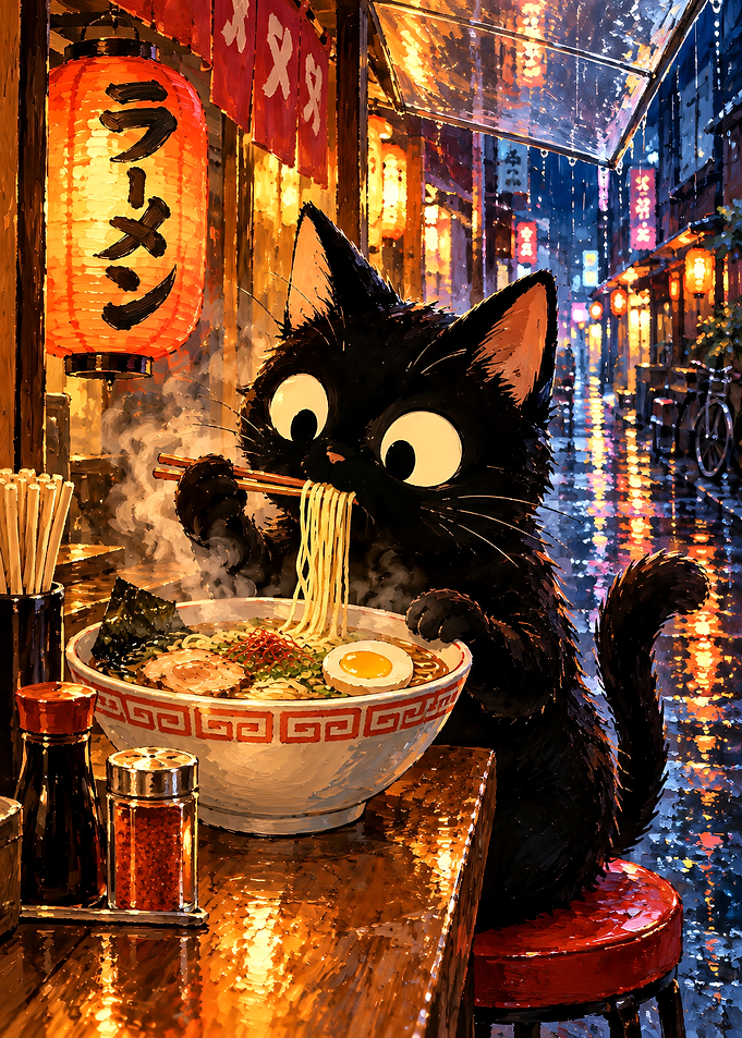 Black Cat Eating Ramen at Night