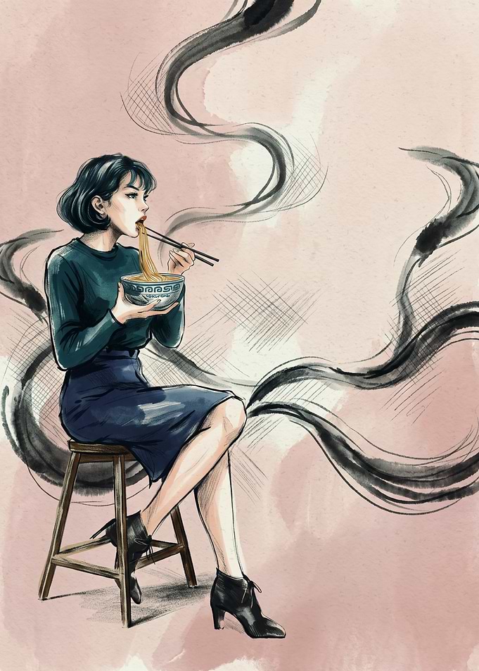 Woman Eating Ramen Noodles Japanese Food Art Pencil Sketch