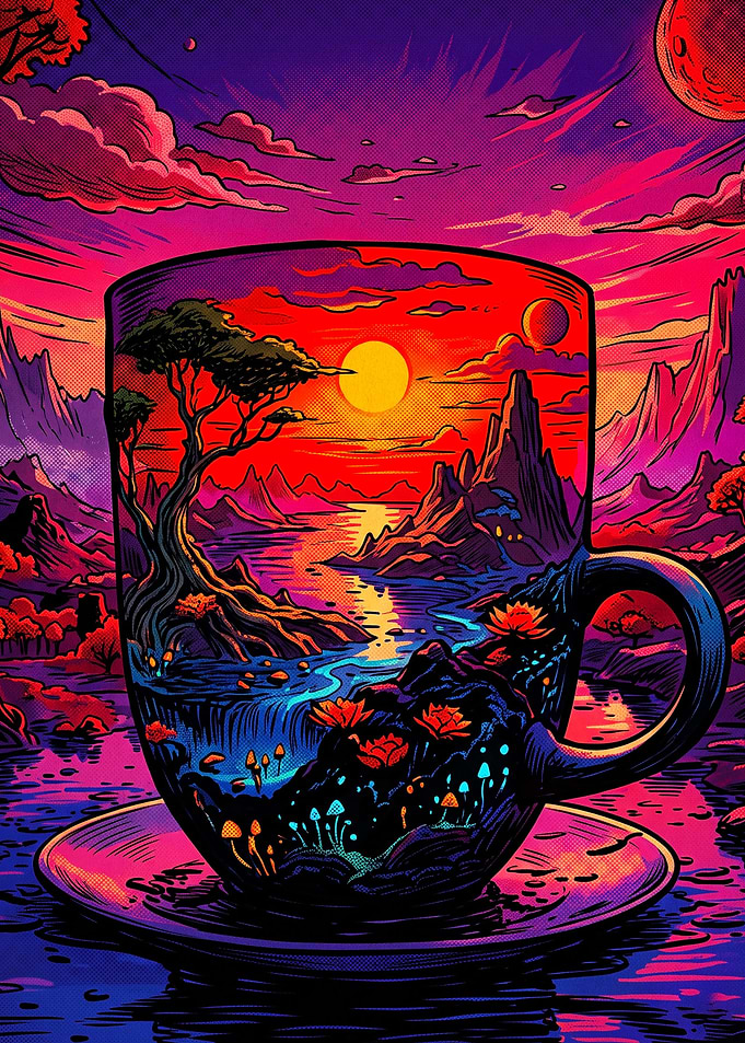 Coffee Cup Sunset Trippy Psychedeli
