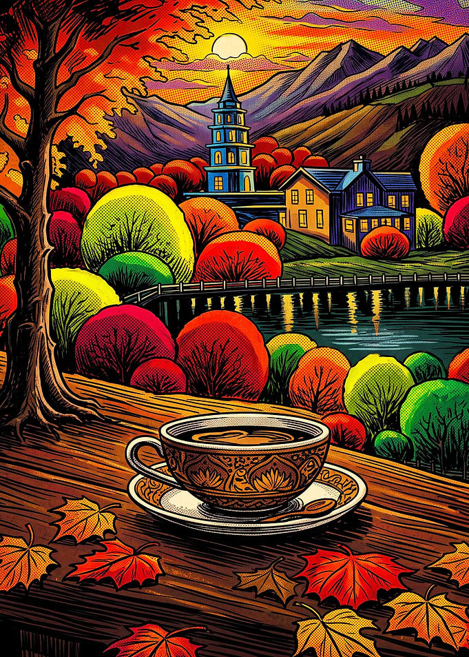 Coffee Autumn Mountain Vibrant Art