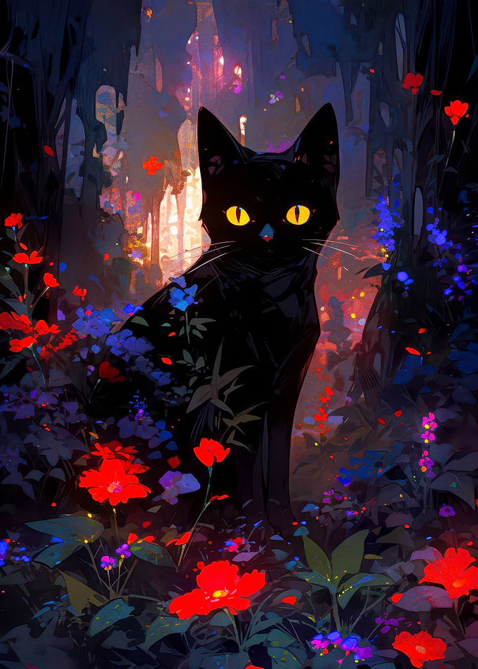 Black Cat in Neon Forest
