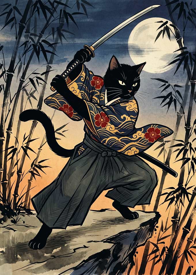 Samurai Cat Japanese Art Bamboo Forest Moon Ukiyo E Style