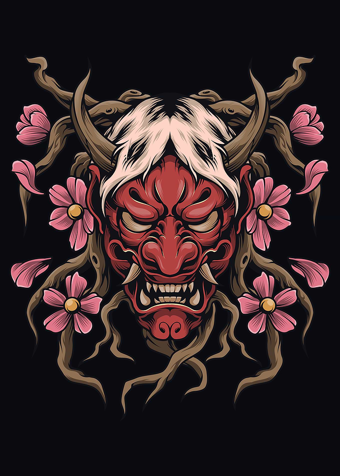 Red Oni Mask with Cherry Blossoms