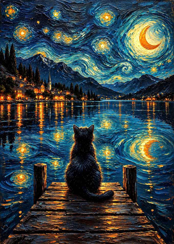 Cat Watching Starry Night Lake