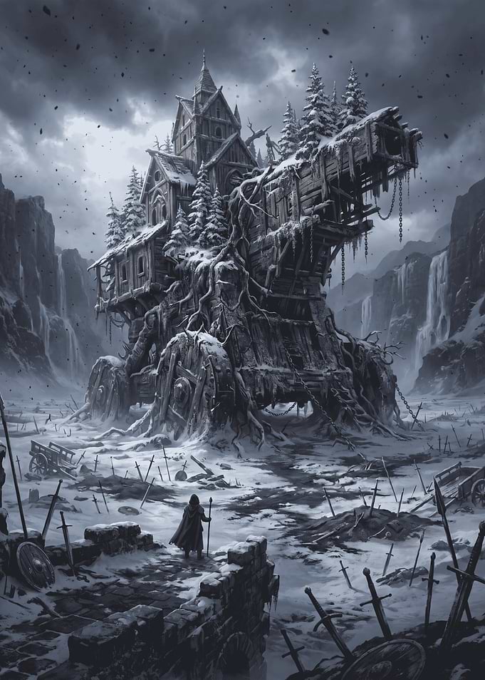 Giant Wooden Mobile Fortress in Winter