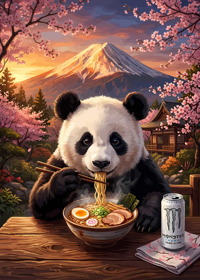 Panda Eating Ramen by Mount Fuji