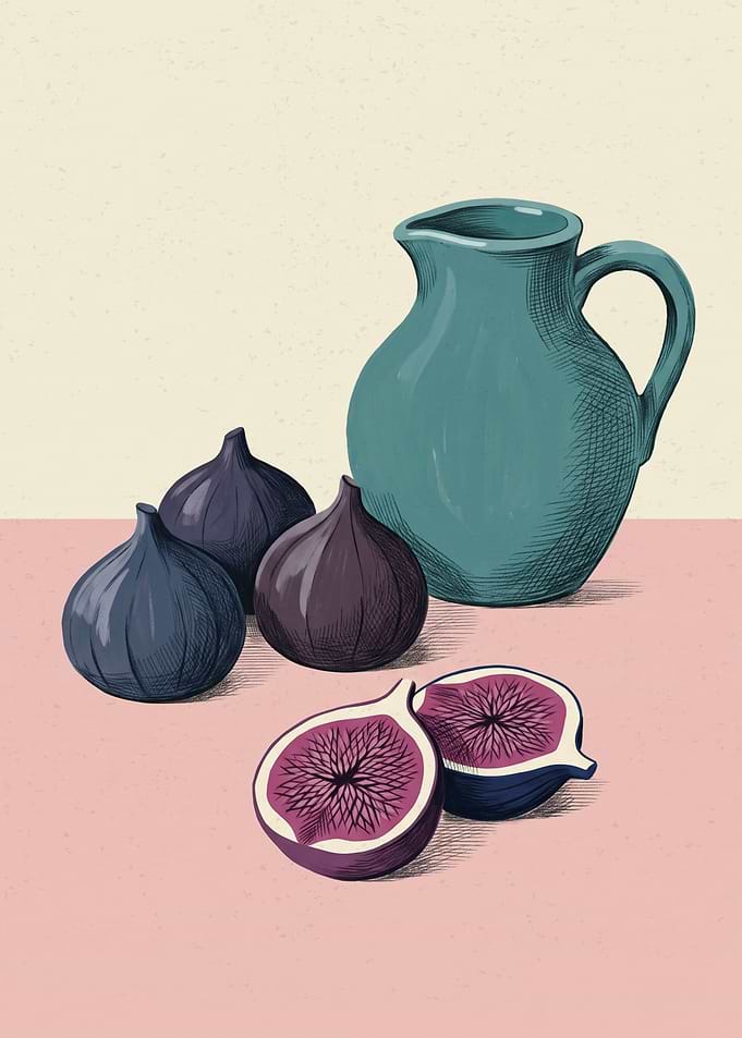Fresh Figs And Ceramic Pitcher Still Life Vintage Botanical Pencil Sketch Style