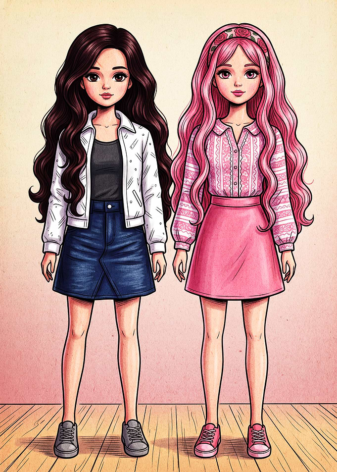 Two Stylish Fashionable Girls Illustration