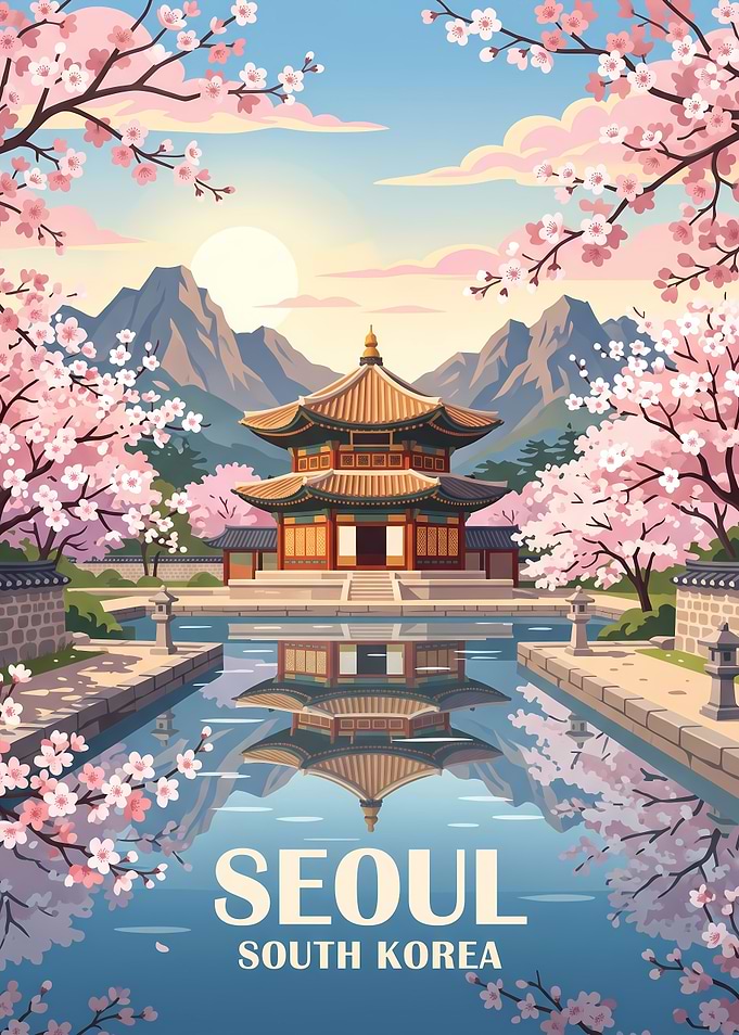 Seoul South Korea Cherry Blossom Travel Poster