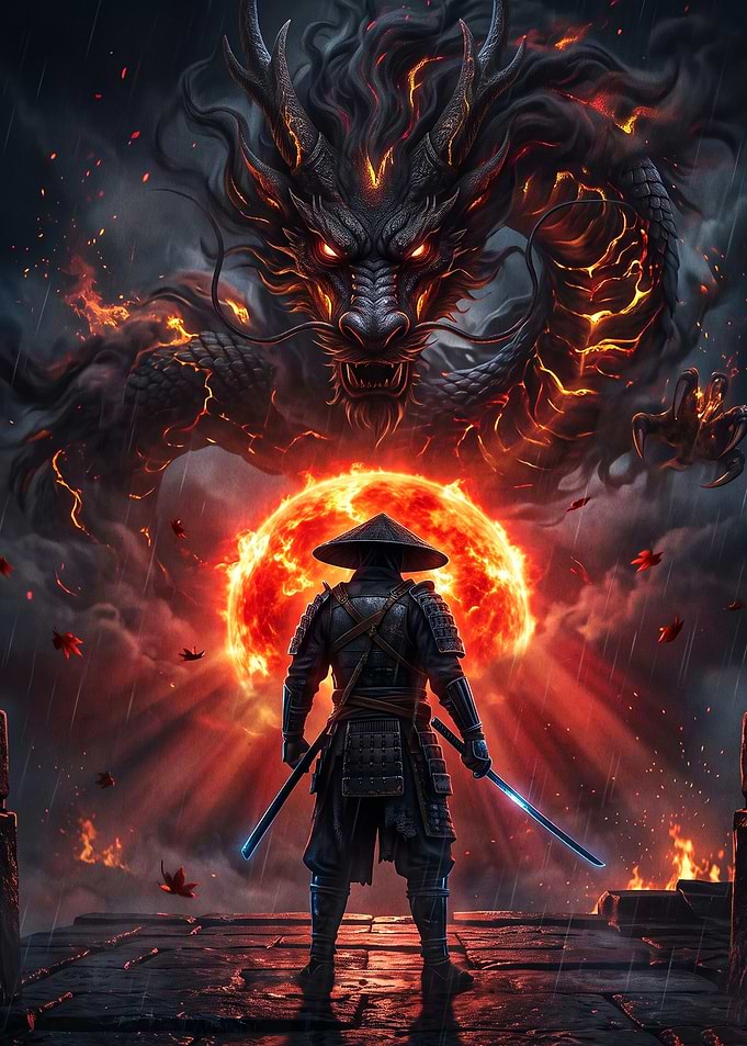 Dragon Samurai Fire Epic Art Poster