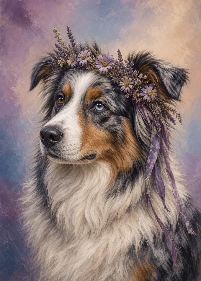 Australian Shepherd Wall Art — Boho Flower Crown Portrait