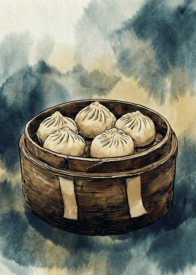 Steamed Dumplings In Bamboo Steamer Food Watercolor Illustration
