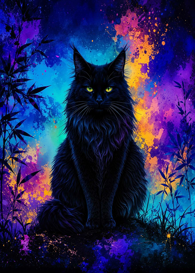 Majestic Black Maine Coon Cat in Cosmic Forest