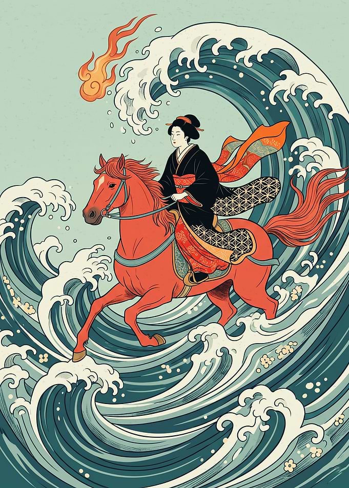 Japanese Geisha Riding Horse Wave Ukiyo E Art